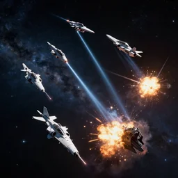 5 interceptors in v formation in orbit. realistic laser beams, explosions, simulated space combat, high detail, 8 k, artstation, cinematic lighting, intricate, highly detailed, hdr, sharp, focus, zoomed out, stellar background