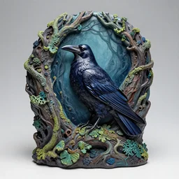 raven god in the lichen woods. this acrylic resin sculpture by an indie artist has an interesting color scheme, plenty of details and impeccable lighting.