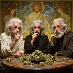 jesus, einstein and darwin are sitting on a table, smoking weed, drunk, in the afterlife, wholesome, octane render, hyperdetailed, beautiful, art, by greg rutkowski, mars ravelo, alphonse mucha, in the style of artstation