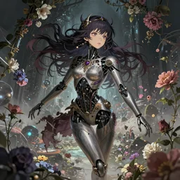 detailed, sharp, dreaming humanoid female automata wearing gothic ornament surrounded by flowers floating in above a dystopia by Anna Dittmann, by hayao miyazaki, by WLOP, digital art, surreal, trending on artstation, anime arts, featured on Pixiv, HD, 8K, highly detailed, good lighting, beautiful, epic, masterpiece