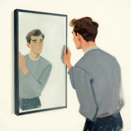 man looking into a mirror, 1960’s minimalist advertising illustration, painterly, expressive brush strokes