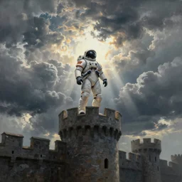 Templar knight astronaut suit standing on top of a castle wall, Thunderclouds in the sky, sun shining through clouds, crepuscular rays, painting by krenz cushart, wlop wide angle view