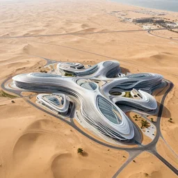 parametric structure, medical complex, in the desert beside the gulf, view from above, design by rem norman foster, dezeen, architectural photography