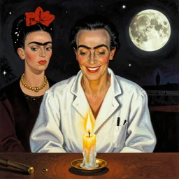 witch doctor woman smiling in the flame of a candle, Salvador Dali, surrealism, frida kahlo, moon, stars