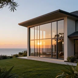 a country house with sea view, with tall glass windows, with sunset, realistic photo, professional lighting, distant photo