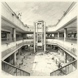 Well-detailed 1980s abandoned shopping mall, skillful pencil rendering magnus opus