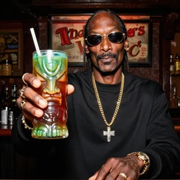 snoop dogg at trader vic's bar holding a tiki mug with his face on it