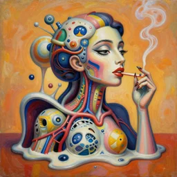 an extremely high quality hd surrealism warm painting of a 4 d perspective neon complimentary - colors cartoon surrealism melting sculpture composition of zaha hadid biological anatomical woman smoking by a much more skilled version of kandinskypicasso and salvia dali the fourth, salvador dali's much much much much more talented painter cousin, 8 k, ultra realistic, nerves, veins, arteries
