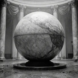 movie still of a big marble sphere hall with drapery and columns, cinestill 8 0 0 t black and white, by andrei tarkovsky, heavy grain, high quality, high detail, ultra wide lens, sharpness, flares, anamorphic, foggy, mud, rain