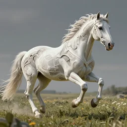 a stunning horse, right anatomy, 4 legs, running through a meadow by greg rutkowski, high key lighting, volumetric light, digital art, highly detailed, fine detail, intricate, ornate, complex, octane render, unreal engine, photorealistic