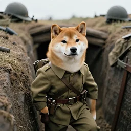 Shiba Inu as a soldier, ww1 trench, war photo, film grain