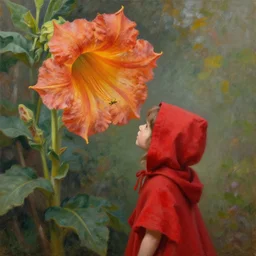 oil painting of little red riding hood looking up at gigantic datura strammonium flower