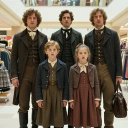 sharp, detailed, still from a sci fi blockbuster color movie made in 2019, a family of four time travelers from 1860 travel in time to 2019, appearing in a shopping mall, looking surprised, the family are all wearing 1860s era clothes, good lighting, in focus