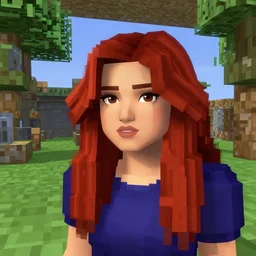 redhead woman, inside minecraft game, closeup