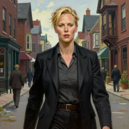 front view of charlize theron as investigiator walking down street in arkham town, male, detailed face, gorgeous, amazing, new england architecture, 1920 style, intricate, highly detailed, musculine, lovecraft illustration, painting by Gaston Bussiere, Craig Mullins