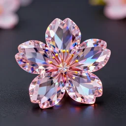 swarovski solid crystal statue of cherry blossom petal, high octane render, photo realistic, 50mm, vibrant color, rainbow caustic lighting, product display