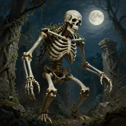 giant monster skeleton in ancient ruins, vines, forest, hyperrealistic, highly detailed, cinematic, single ray of moon, dark sky, beautiful, cgssociety, artstation, 8 k, oil painting
