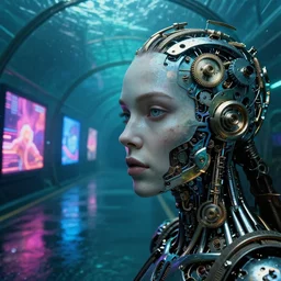 detailed face of a woman, clockwork biomechanical woman, moment, undersea glass tunnel, electronic billboards, tech noir, wet reflections, prism, atmospheric, ambient, pj crook, syd mead, livia prima, greg rutkowski, edward hopper
