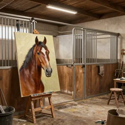 interior view of an artist atelier inside a horse stable with horse painting a portrait, detailed digital art, award winning cgsociety, hd, render, maia, trending on artstation
