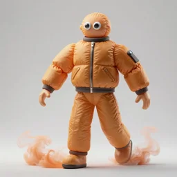 a single striding slender figurine of a tall giant inflated space man wearing over sized amber puffy bomber jacket, long bendy arms and legs, googly eyes, tareme eyes, small head, personification, dynamic pose, detailed product photo, tone mapped, beautiful composition, orange mist swirling at feet, 8 5 mm, f 5. 8, soft lighting