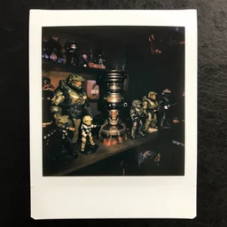 a dark gift shop with section of halo 2 toys and figurines. 3 5 mm f / 2. 8 macro lens. creepy dark polaroid - w 6 4 0