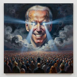 large abstract painting of giant grinning evil dynamic Joe Biden head emerging from cosmic clouds at giant immense crowd of person army, trending on ArtStation, masterpiece, by Greg Rutkowski, by Ross Tran, by Fenghua Zhong, octane, lightbeam eyes, oil on canvas, moody lighting, lights beaming out of eyes, cinematic, professional environment concept art