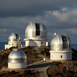 Modern Spanish observatory of multiple telescopes scattered across the mountaintop  painted in pre-Rafaelite style by Gabriel Rossetti