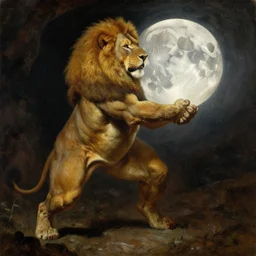 oversized muscular lion lifting the moon, human bloody legs full body portrait pose , very textured detailed oil painting by rembrandt , hard backlight , in dark cave