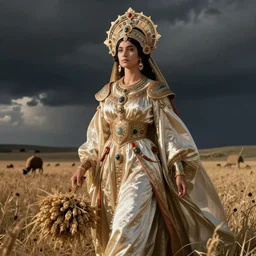 queen of the plains with her harvest by Annie Swynnerton and Nicholas Roerich and jean delville, strong dramatic cinematic lighting , ornate headdress , flowing robes, lost civilizations, smooth, sharp focus, extremely detailed