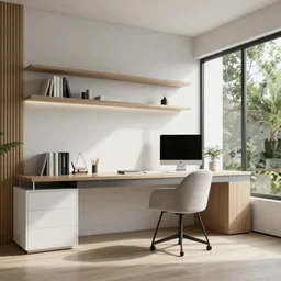 A modern home office that uses Biophilic design, natural light, clean, minimalist, ultrarealistic, 8k, detailed,