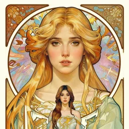 masterpiece head-on symmetrical centered painted portrait, Imogen Poots as D&D paladin, blonde hair, elegant, in the style of ROSSDRAWS and Ruan Jia and Ross Tran and Alphonse Mucha and Ayami Kojima and Charlie Bowater and Karol Bak and Jean Delville, Pixar, Maya engine, splash comics, tarot card style, Art Nouveau, rich bright colours