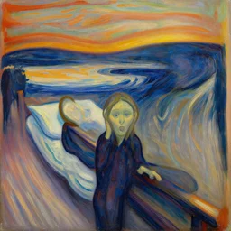 lady with brown hair taking up too much space in bed in, oil painting in the style of edvard munch
