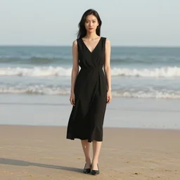 woman in black dress in the middle of the beach, pretty face, black shoes, leyendecker style