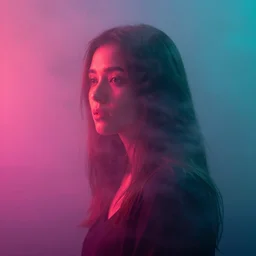 portrait of woman, colored fog, hazy, vibrant colors, backlit, emotional