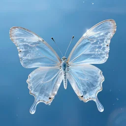 translucent water butterfly, made of water, blue background, transparent water butterfly