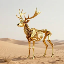an elk skeleton made of gold + roses + kintsugi!!!, serene desert setting, transcendent, clean linework, dramatic, finely detailed, 4 k, trending on artstation, photorealistic, volumetric lighting, octane render
