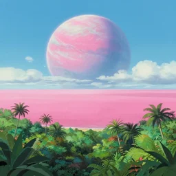 beautiful pink ocean horizon view on a lush tropical alien planet, clear sky, massive planet in space over the horizon, rule of thirds, trending on artstation, digital art by hayao miyazaki, studio ghibli style, iphone wallpaper