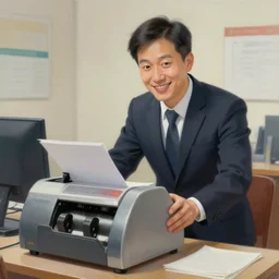 hyperrealistic painting image where a happy businessman appears behind a ticket printing machine