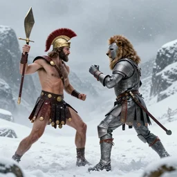 ultra realistic leonidas i of sparta and richard the lionheart have a final duel on the snowy peaks, a blizzard is occurring, detailed
