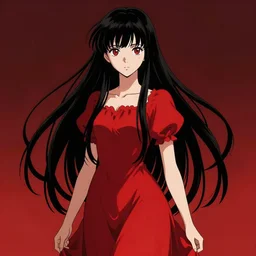 rima mashiro, absurdly long hair, wearing a dress, red, black, in the style of beksinski, vibrant, chiaroscuro, high detail, perfect artwork, clean lines