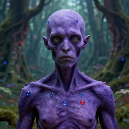 zombified purple human with blue and red jewels in his skin. portrait by blinx. background is an organic forest. digital art. 4 k octane render.