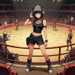 stoned punk girl with headphones and knitted cap, bull ring, extremely detailed, sharp focus, wide view, full body pose, smooth, digital illustration, by james jean, by rossdraws, frank franzzeta, mcbess, sakimichan, brosmin, danton fadeev, steve simpson