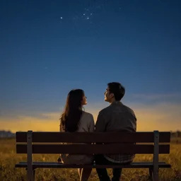 couple sitting on a bench looking up at the stars above. happy, dreamy, blue and yellow, warm tones