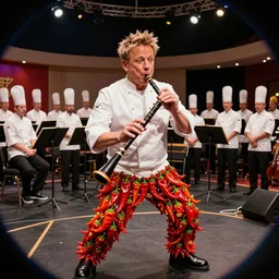 hyper detailed hdr photo of chef gordon ramsay playing a spicy bassoon made of habanero chillis in front of an orchestra of masterchef contestants, trending on artstation, award winning, colourful, cinematic, fisheye, spicy, picante, hot, muy caliente
