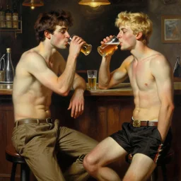 attractive maculine male with brunet hair and attractive masculine male with blond hair. pants and shorts, drinking their hearts out, having fun, in a pub. highly detailed and very defined painting by gaston bussiere, j. c. leyendecker, craig mullins 8 k
