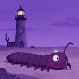don bluth, artgerm, joshua middleton, purple color pallete, welcome to night vale, lighthouse in the desert, giant centipede, spooky strange weird quirky, cartoon, 2 d, shades of purple