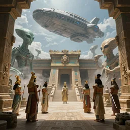 Aztec priests meeting godlike aliens in an ancient Aztec temple. A generation ship looming in the sky. 8K Highly detailed fantasy artwork by Greg Rutkowski and pascal votan. Trending on artstation