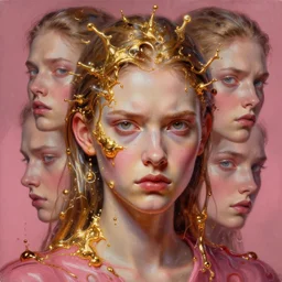 3 d, close - up, boiling liquid gold and pink water, frown fashion model, poster art, high detail, intricate oil painting, multiple exposure, hell mood, hyperrealism, 3 d, by tooth wu and wlop and beeple and greg rutkowski