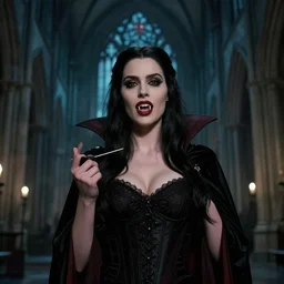 elisha cuthbert as a vampire showing her fangs in a gloomy gothic cathedral at night