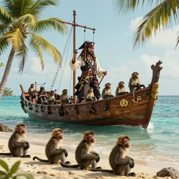 ”pirateship getting boarded by a group of wild monkeys on the caribbean coast”